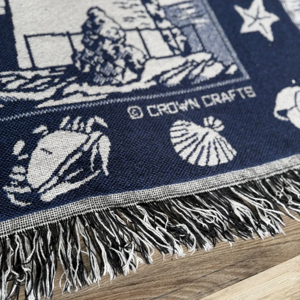 Crown Crafts Woven Tapestry Throw Blanket Lighthouse Nautical Navy Blue 60x46